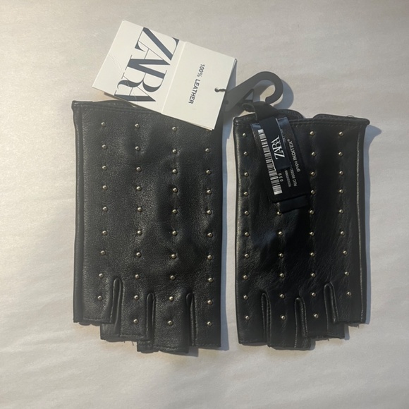 NWT ZARA STUDDED BLACK LEATHER FINGERLESS GLAM ROCK GLOVES - Picture 5 of 10